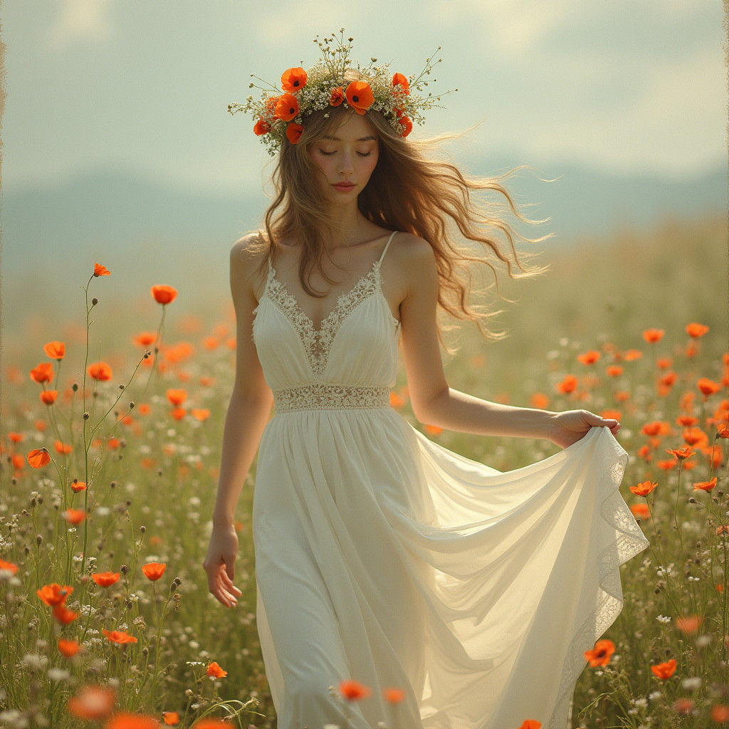 Goddess in Flowery Meadow, Impressionistic Art