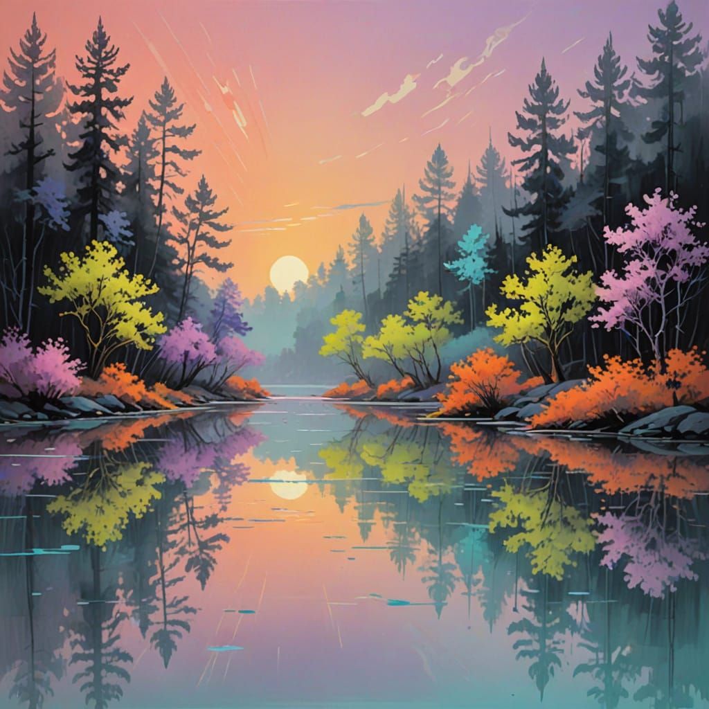 Ethereal Forest Lake in Pastel Neon Vaporwave Dreamscape