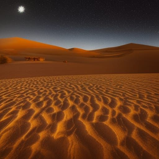 Starry Desert Night Scene with Camel Caravan