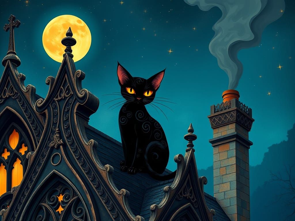 Gothic Cat on Roof in Art Nouveau Style