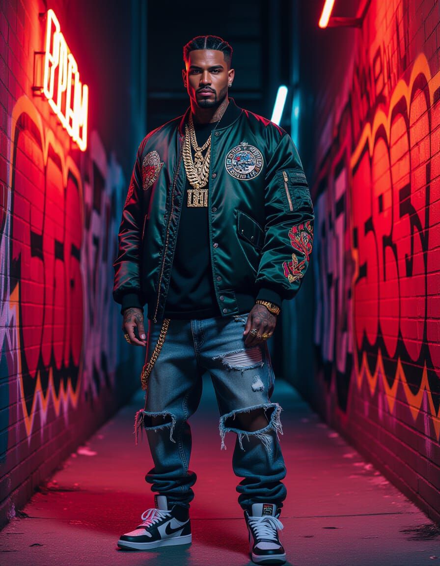 Man in Bomber Jacket on Graffiti Wall