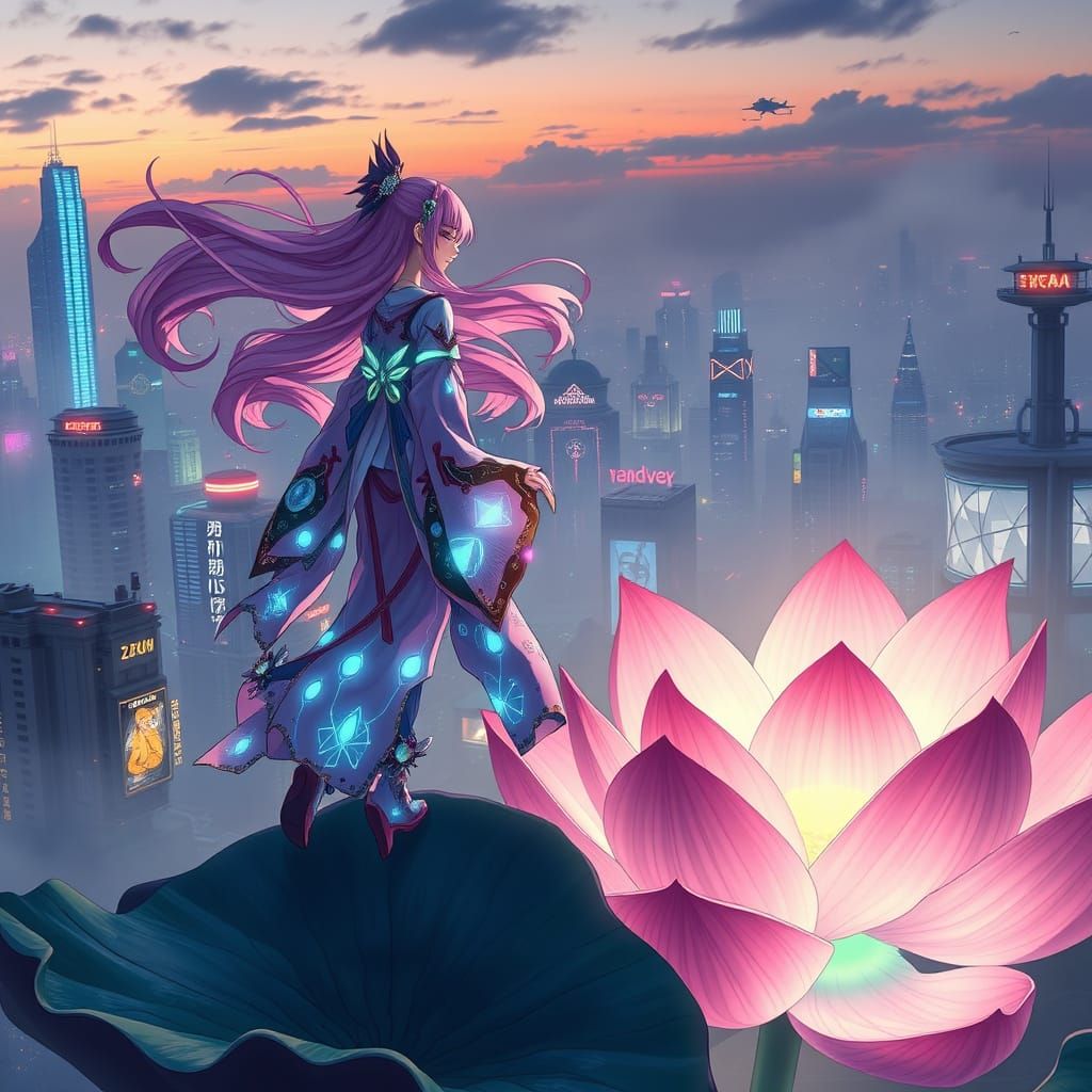 Cyberpunk Anime Girl on Lotus Flower at Dusk