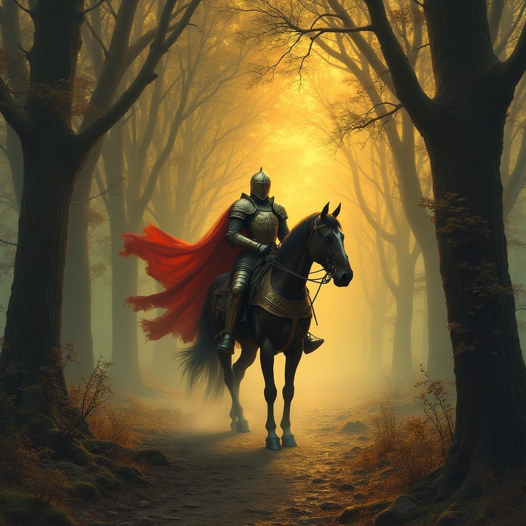 Epic Knight on Majestic Steed in Mystical Sunset Realm