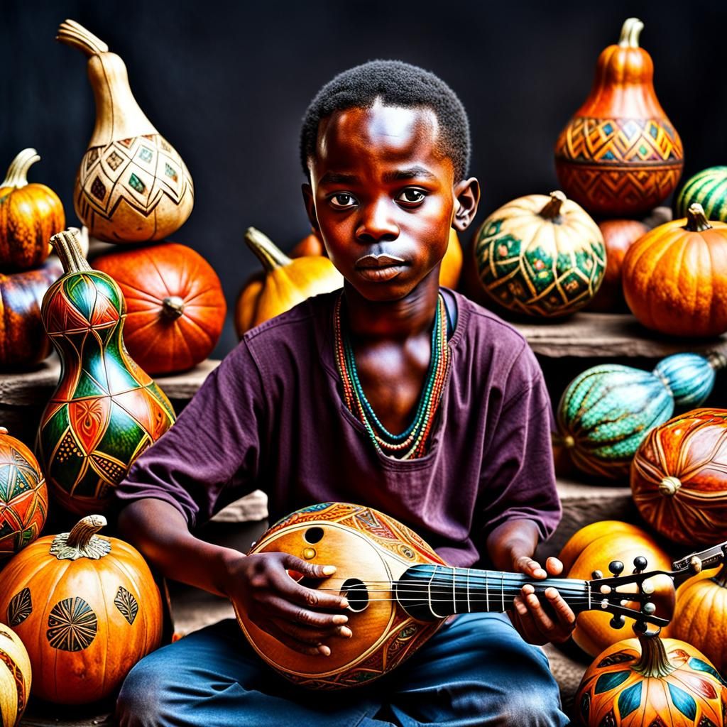 Young Boy Plays Gourd Instrument in HDR