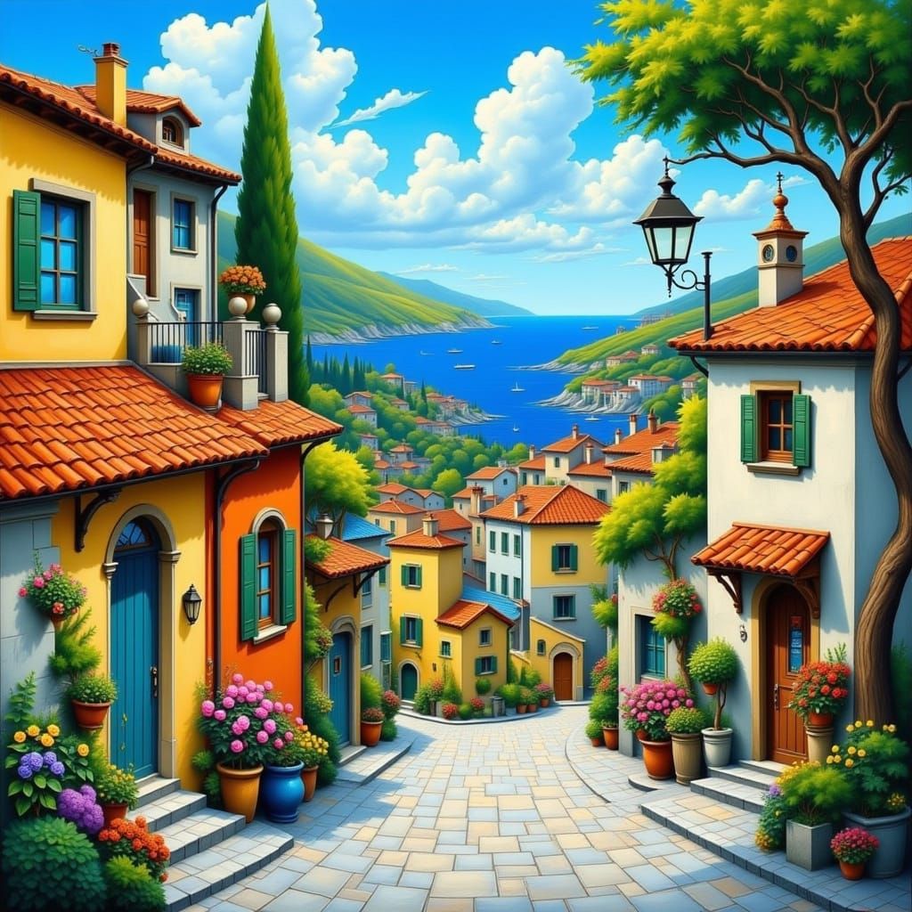 Charming Coastal Village Nestled in Rolling Hills