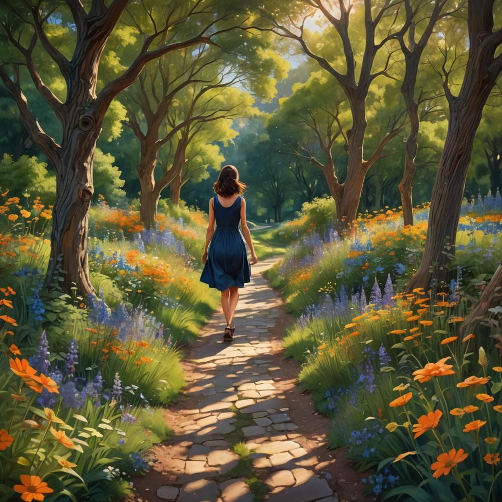 Woman on Park Path in Dreamlike Matte Painting