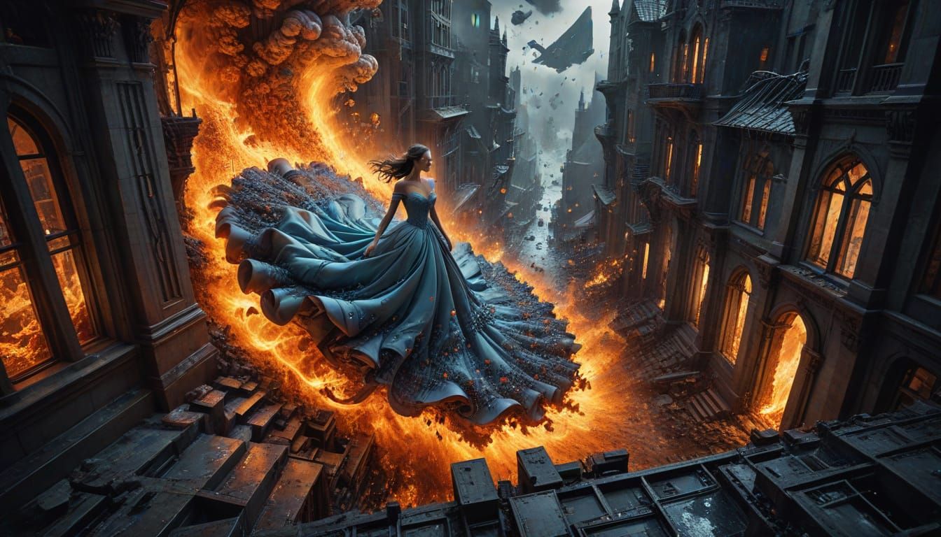Woman Running Through Burning City with Escher Architecture