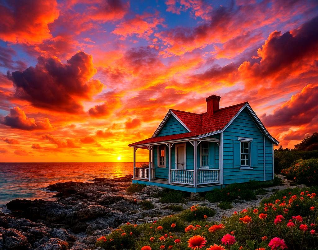 Bahamian Cottage on Rocky Beach at Sunset