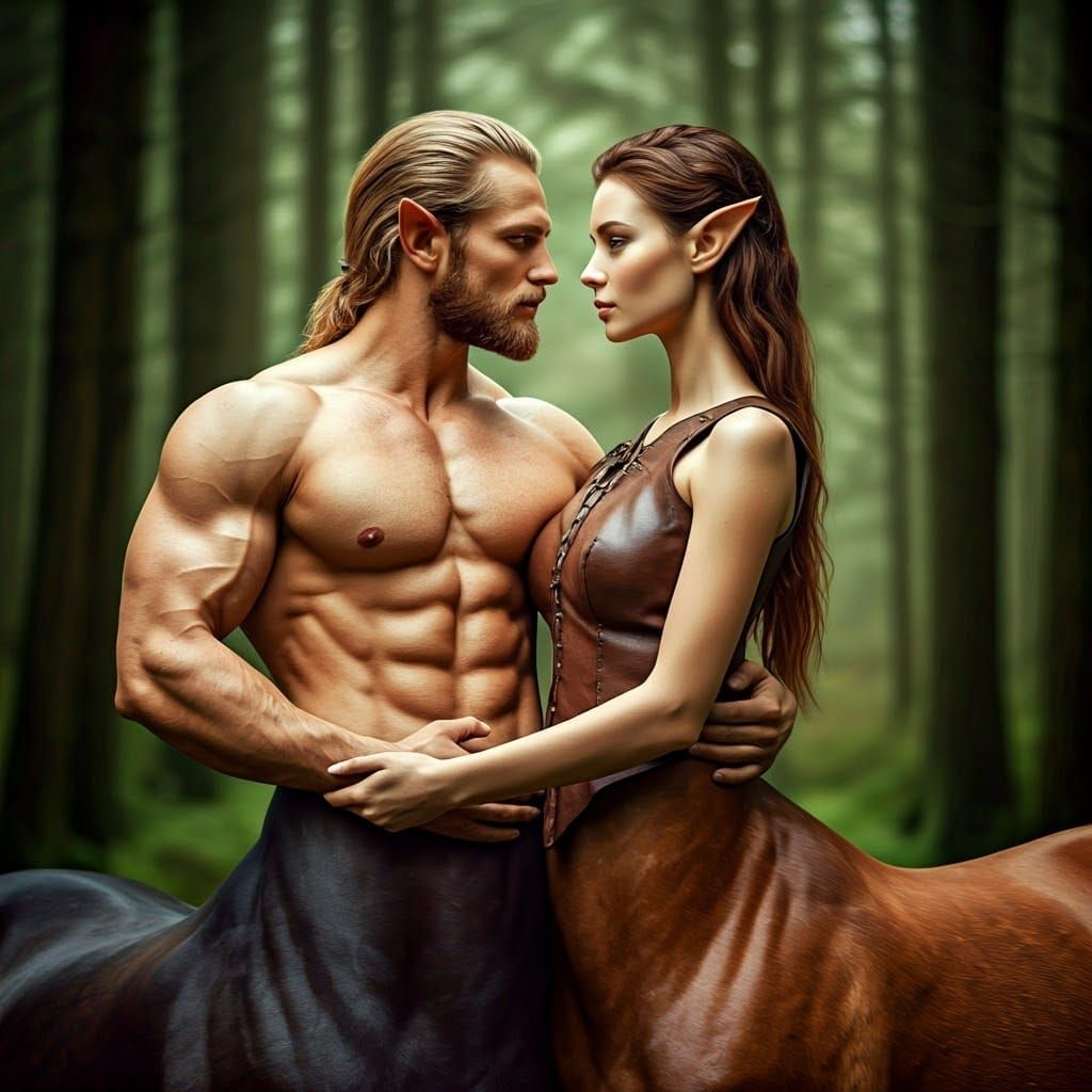 Centaur Couple Embrace in Ancient Forest