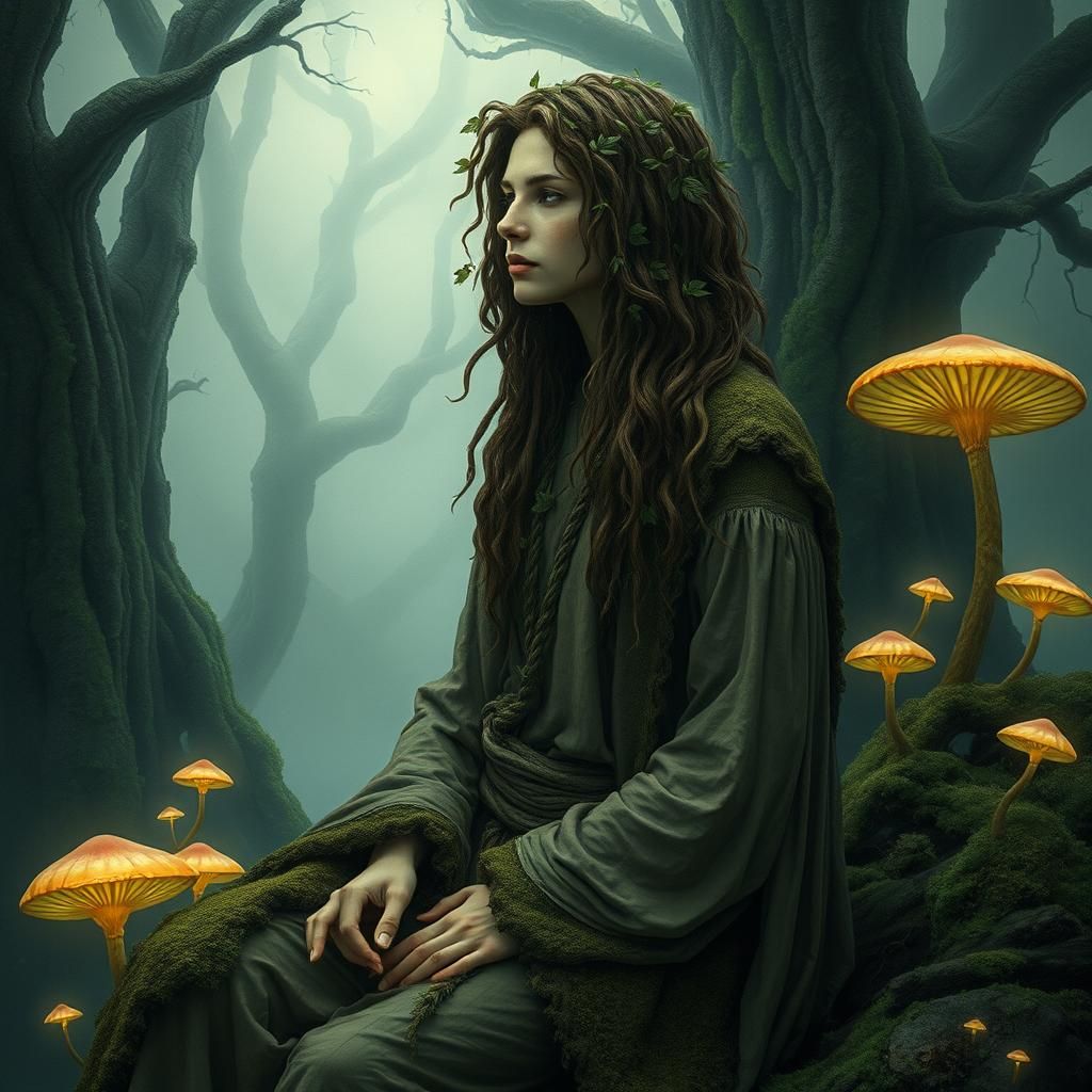Ethereal Druid in Mystical Forest, Dark Fantasy Art