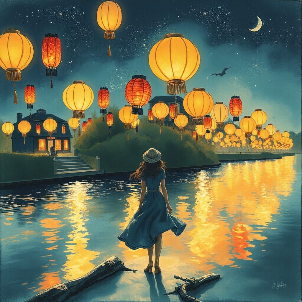 Woman with Lanterns on Sparkling Riverbank
