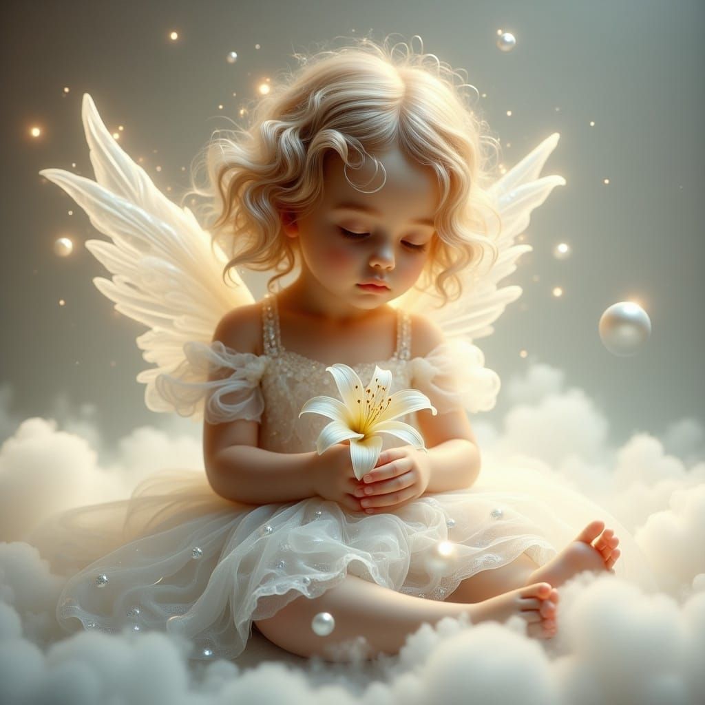 Girl with Angel Wings on Cloud, Ethereal Illustration
