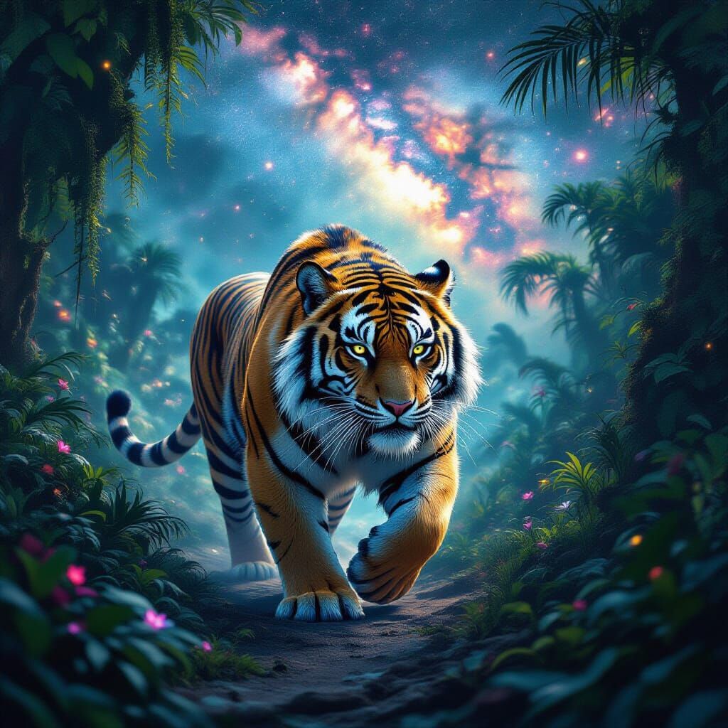 Cosmic Sabertooth Tiger in Alien Jungle Under Nebula Sky