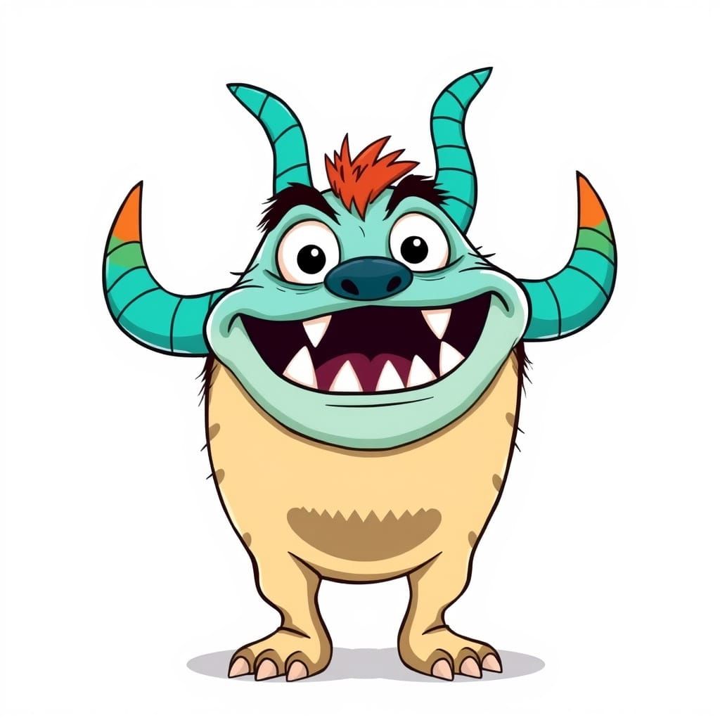 Vibrant Cartoon Monster with Turquoise Horns and Sharp Fangs