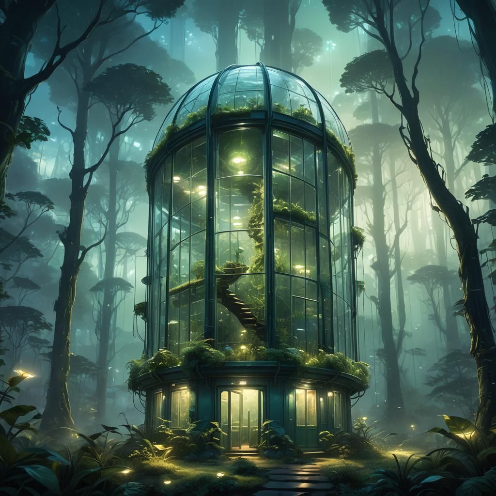 Bioluminescent Greenhouse Helix in Dreamy Forest