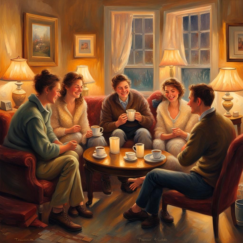 Cozy Friends Gathering: An Oil Painting in Rockwell Style