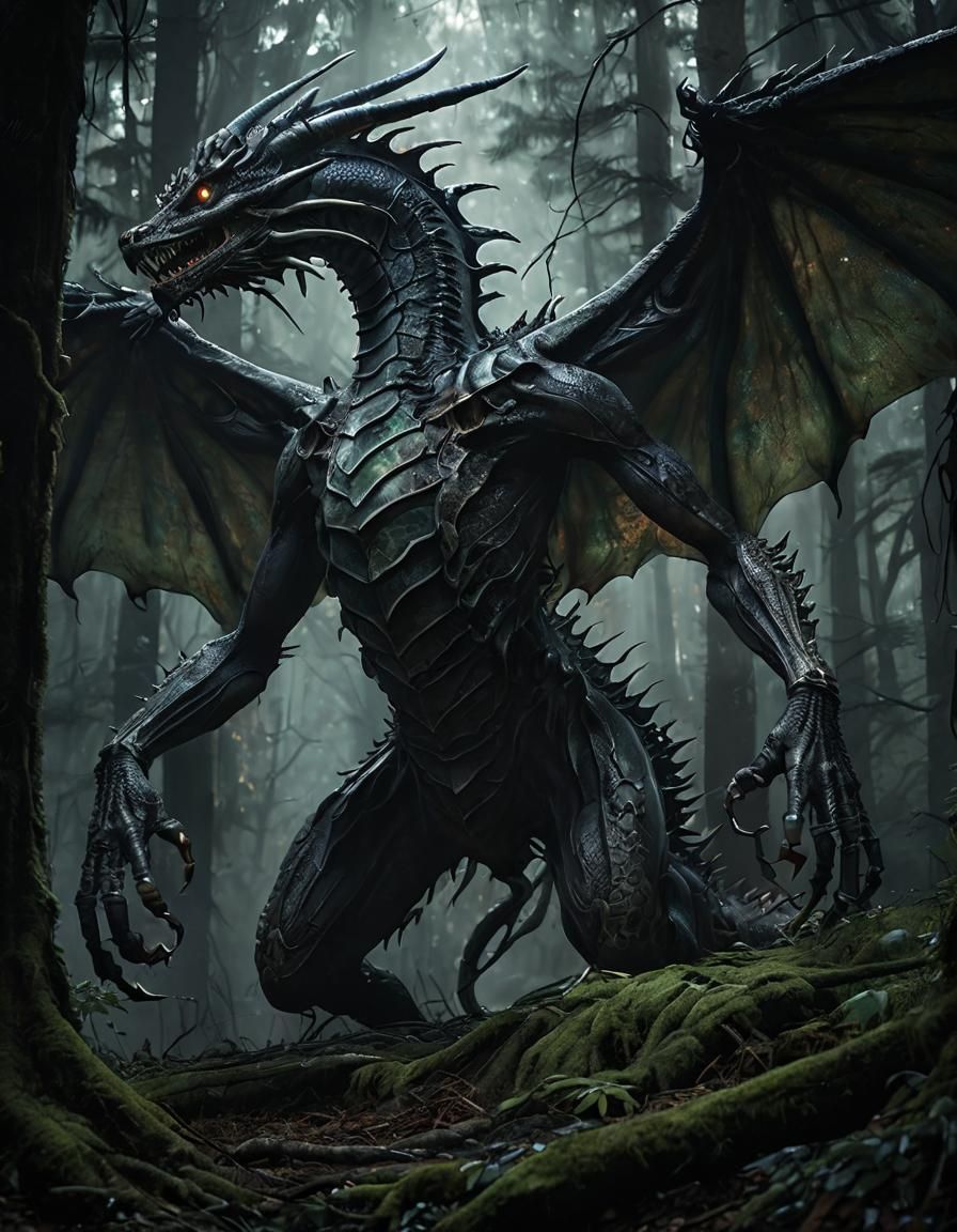 Dark Fantasy Dragon Insect Hybrid in Mystic Forest