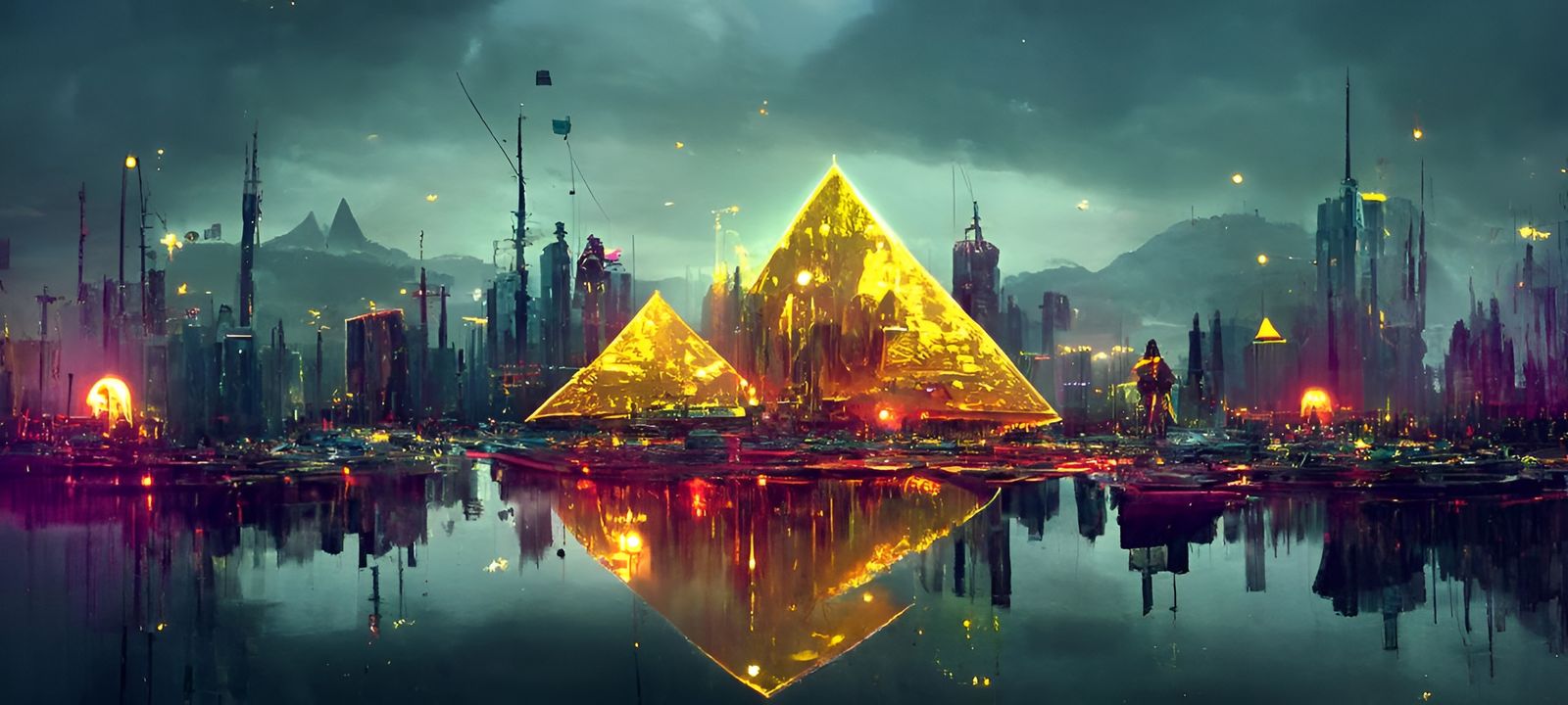 Golden Pyramid in Cyberpunk Dystopian Cityscape