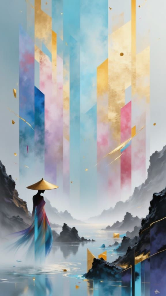 Abstract Geisha Alien in Flowing Shapes