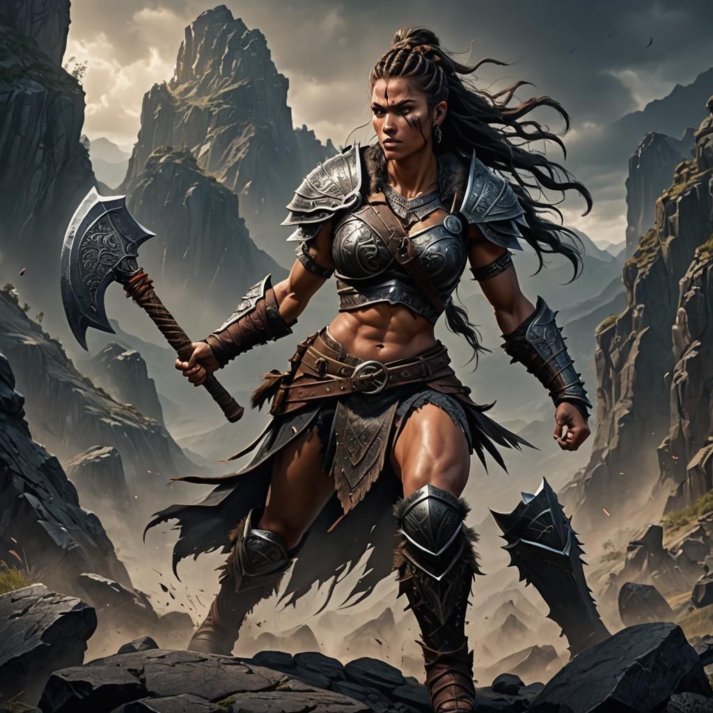 Fierce Barbarian Woman with Great Axe, Digital Art