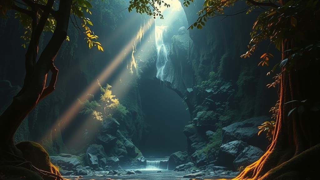 Ancient Portal Hidden Behind Cascading Waterfall in Mystical...
