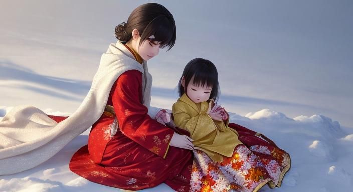 Mother and Child in Snowy Landscape, Anime Style
