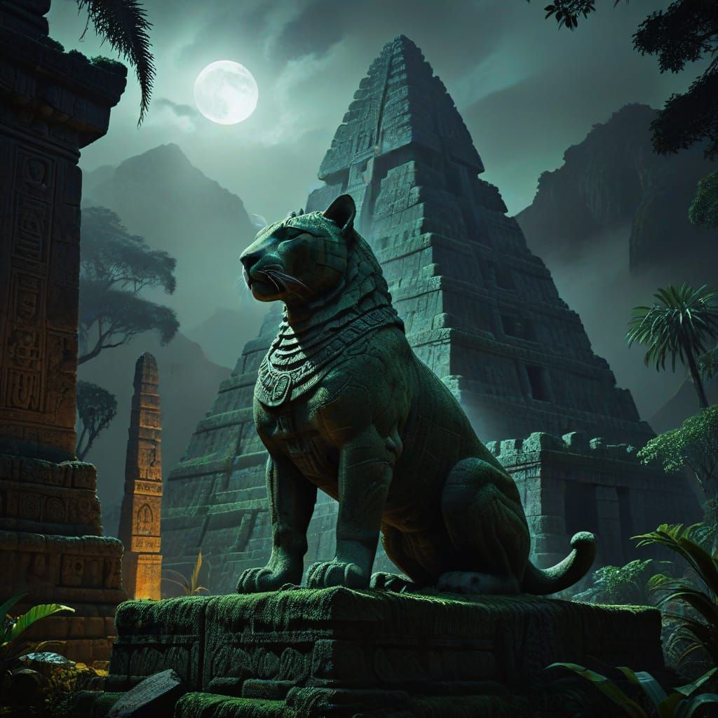 Mystical Inca Panther Statue in Moonlight