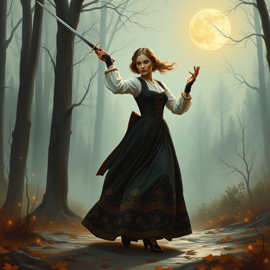 Noblewoman's Saber Dance: A Romantic Art Nouveau Scene