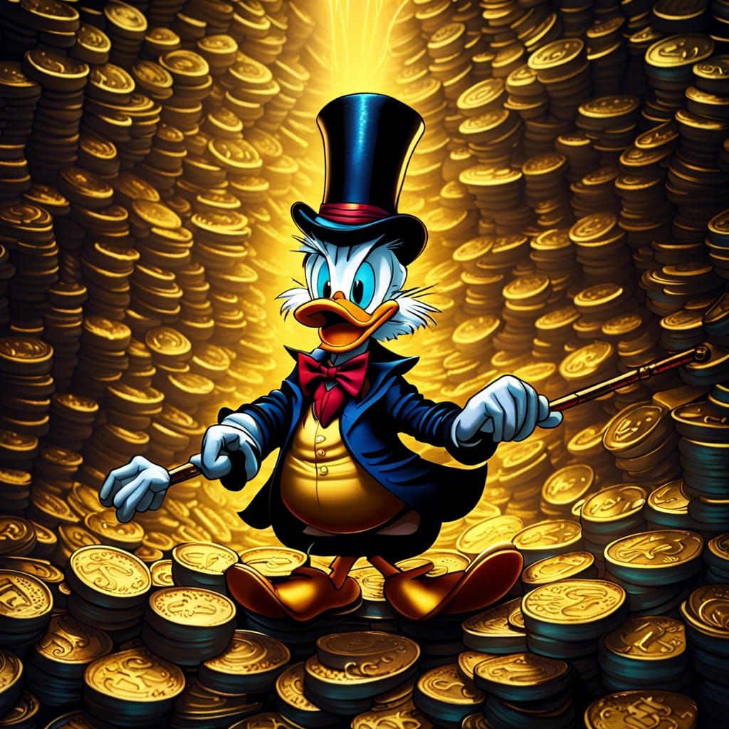 Scrooge McDuck on Gold Coins in Comic Book Art