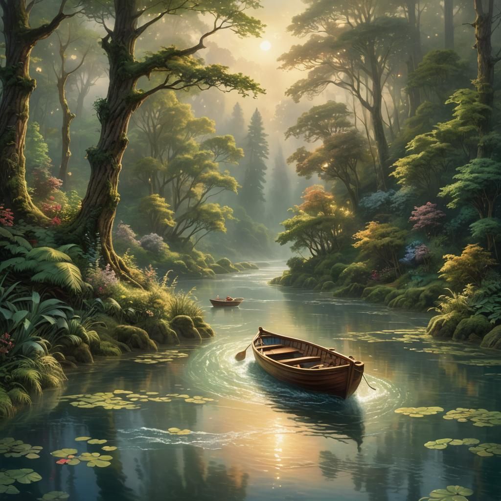 Ethereal River Boat in Dreamlike Landscape