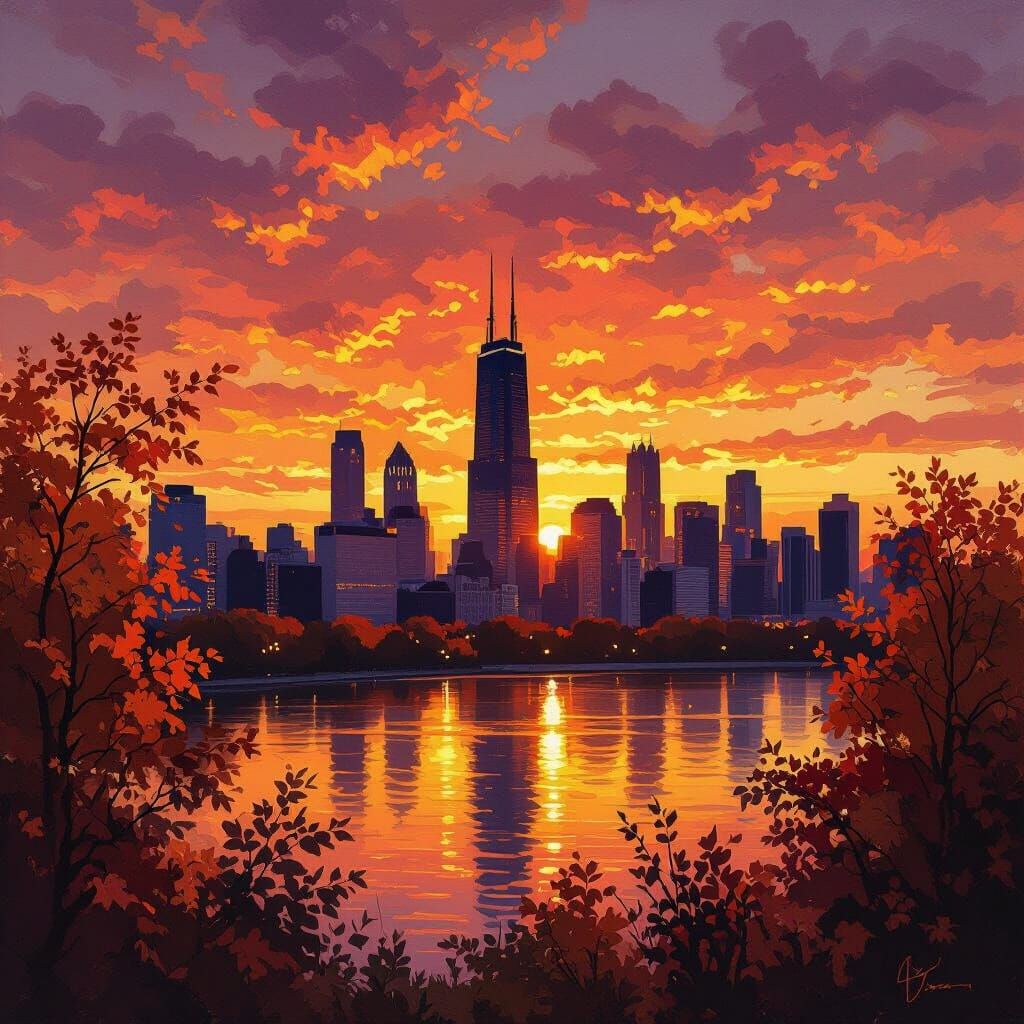 Romantic Impressionist Sunset Over Chicago Skyline