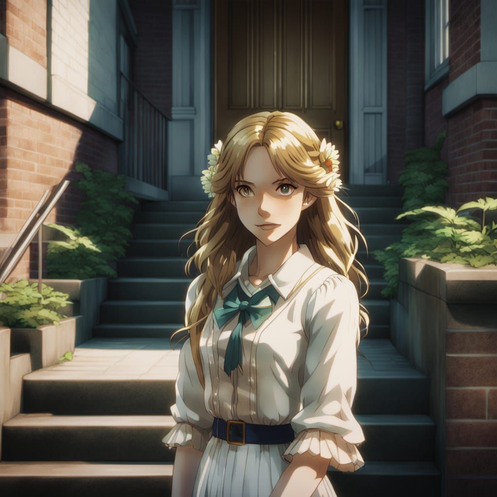 Anime Woman with Wings on Concrete Steps