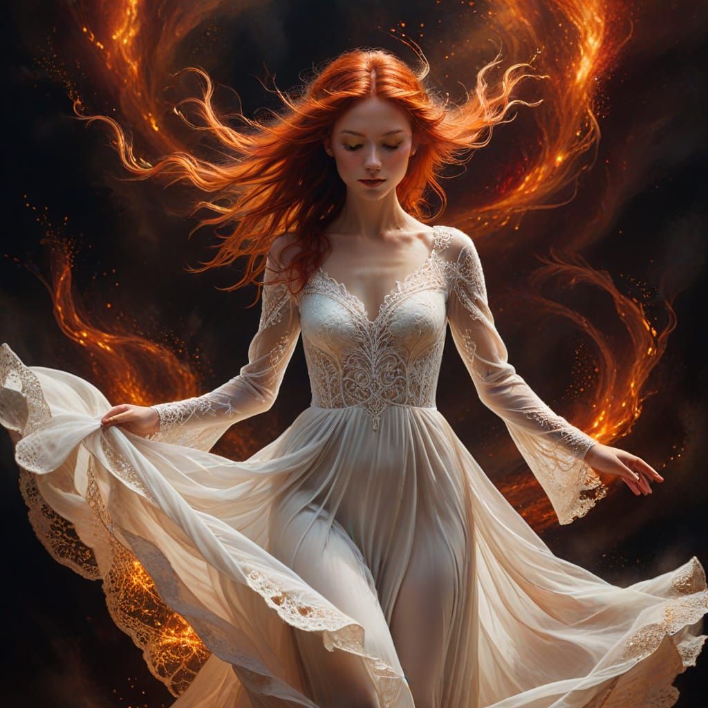 Ethereal Woman Dancing in Fiery Hair and White Gown