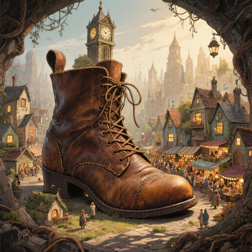 Fantastical City Inside a Giant Leather Boot