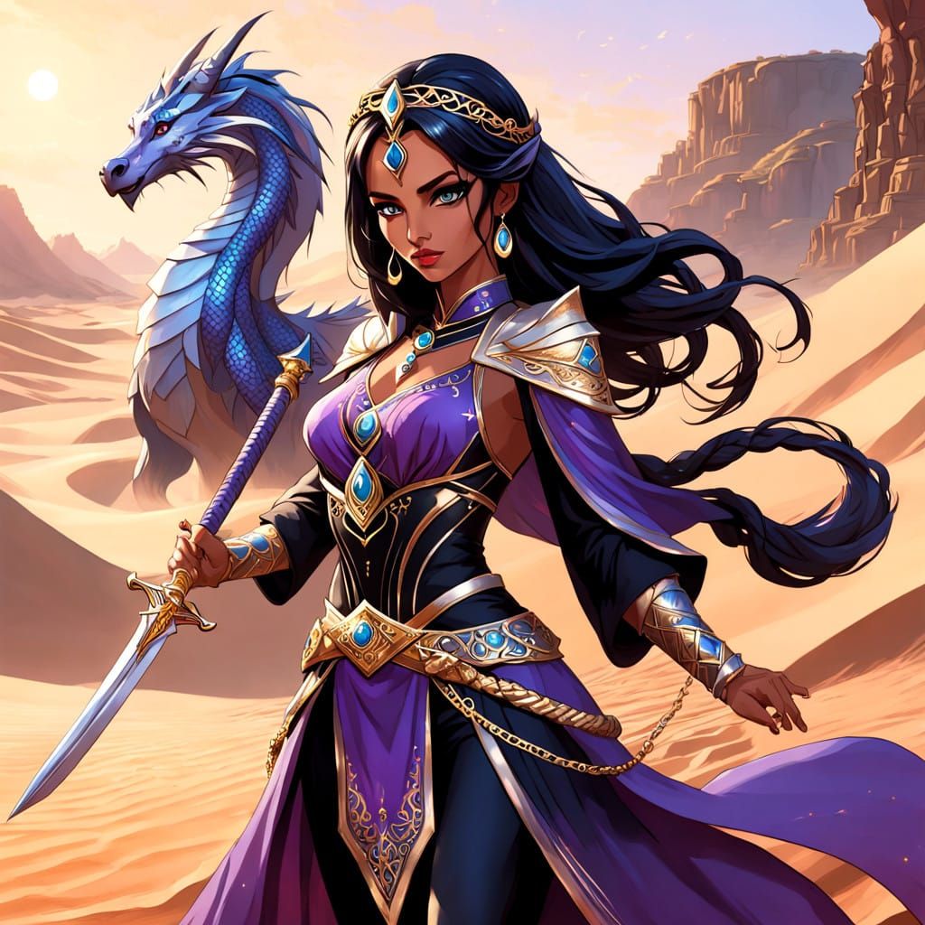 Exotic Arabian Warrior Princess in Mystical Desert Landscape