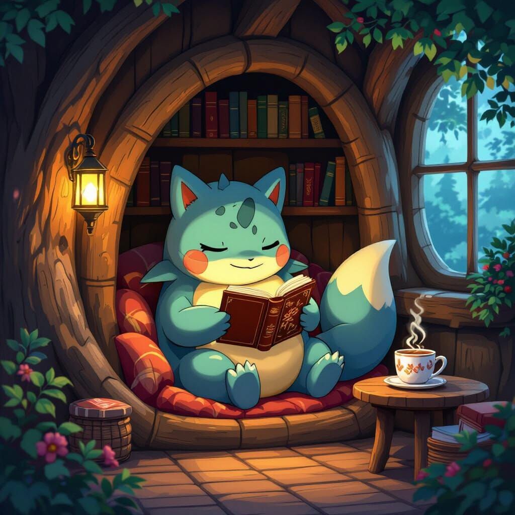 Cozy Pokemon Reading in a Treehouse