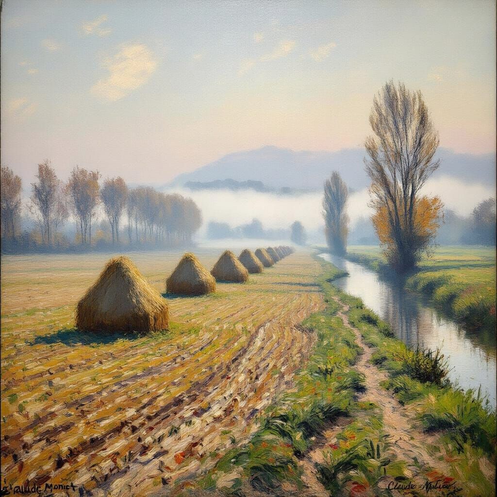 Misty Haystacks in Impressionist Landscape