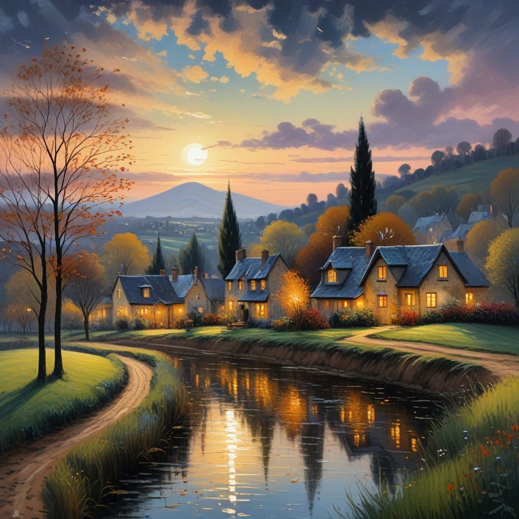 Impressionist Village Night Sky with Golden Light