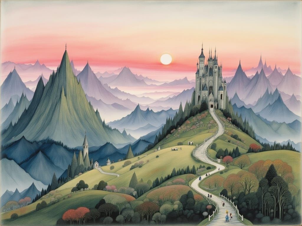 Fairytale Mountains with Ruined Castles in Watercolor