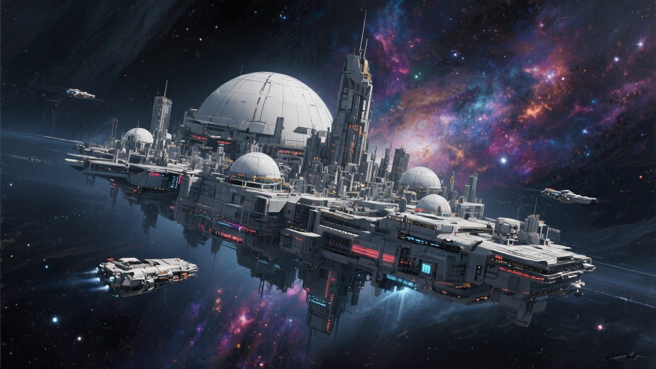 Futuristic Metropolis Drifting Through Space in Cinematic St...