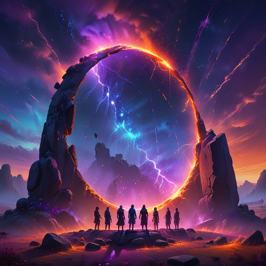 Neon Stone Circle Under Rainbow Aurora