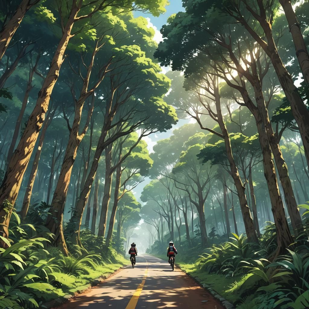 Eerie Forest Path with Cyclist in Anime Style