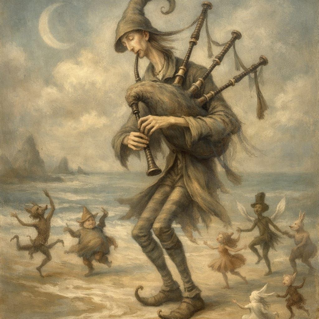 Whimsical Bagpipe Player on Beach Painting