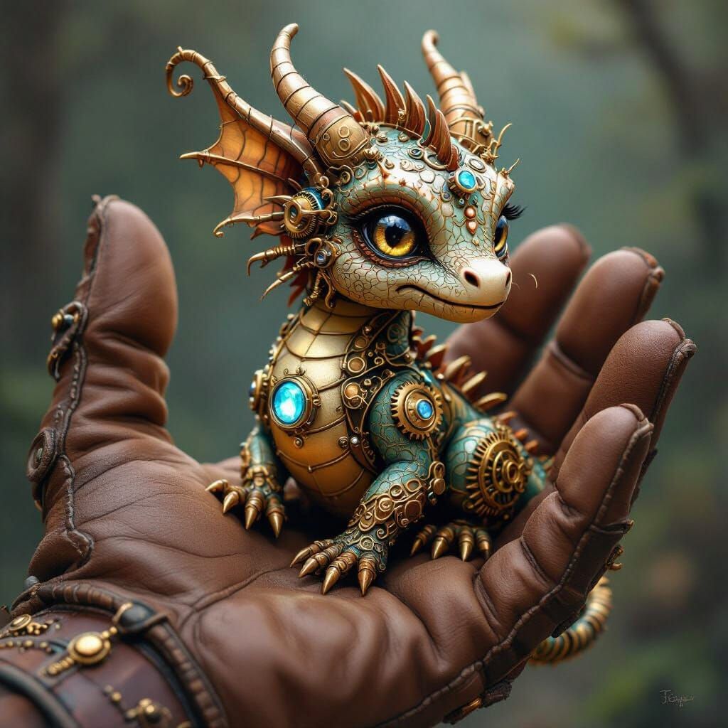 Intricate Steampunk Dragon in Hand, Fantastical Style