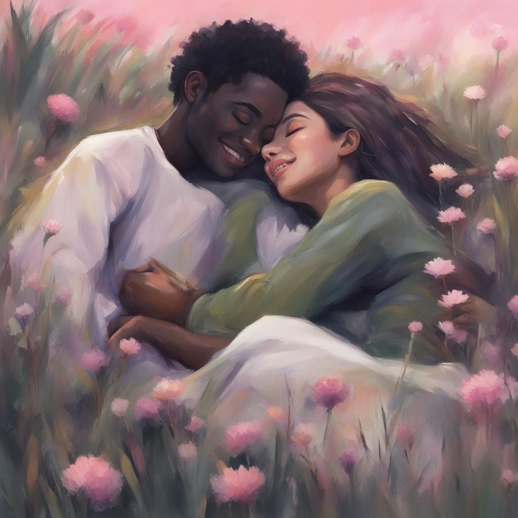 Girlfriends Hugging in Meadow: Stylized Digital Painting
