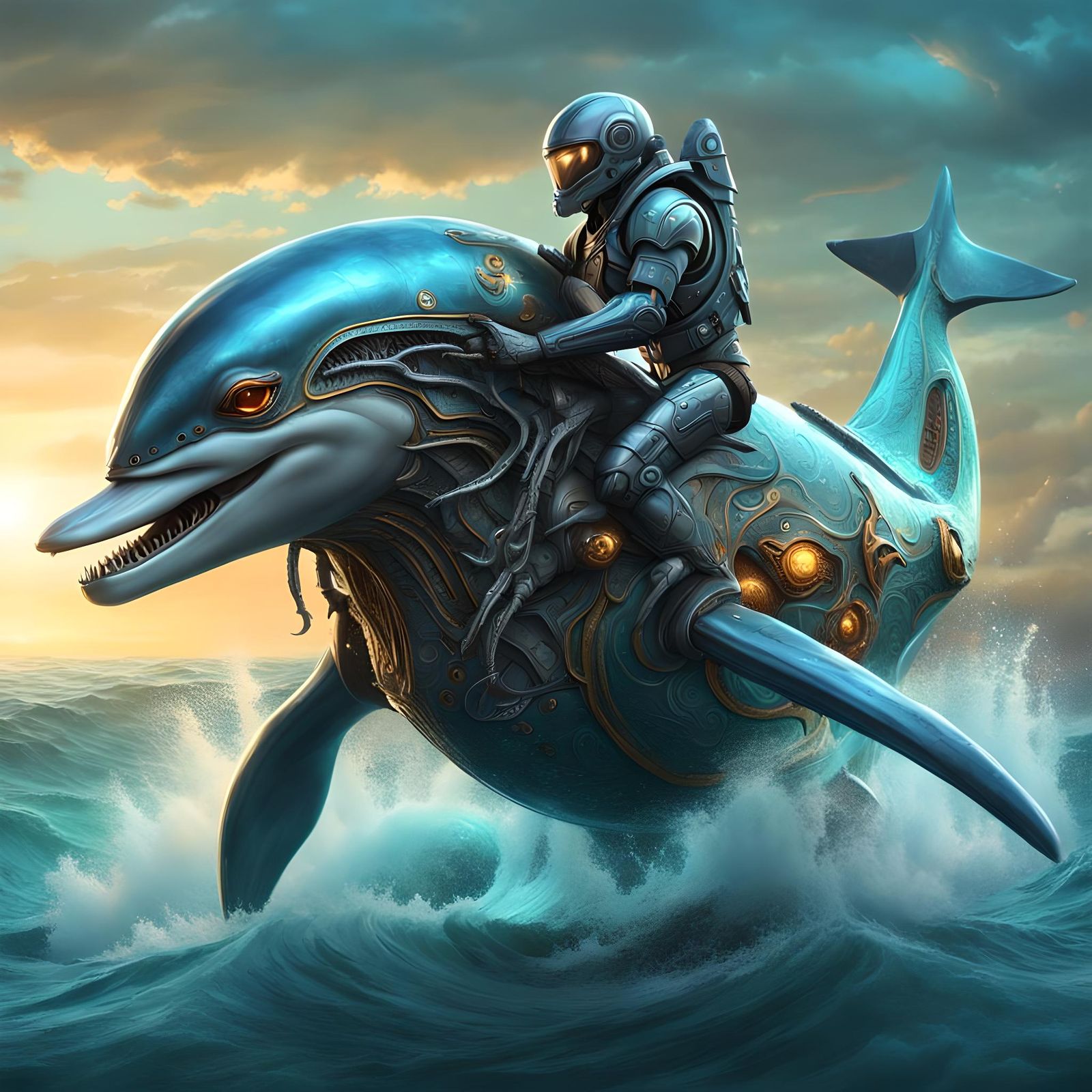 Aquatic alien warrior on his cyborg dolphin