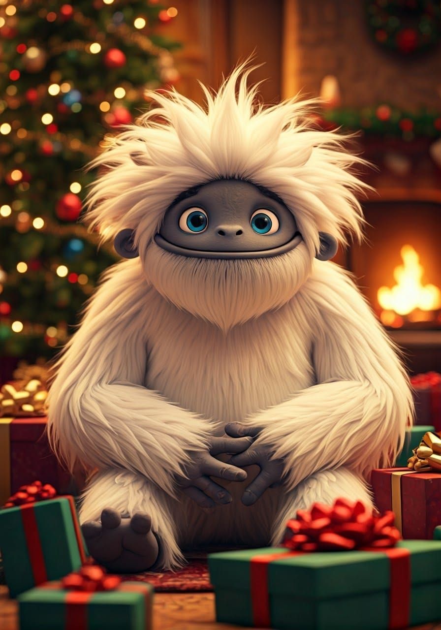 Merry Yeti Christmas Scene in Stop-Motion Animation Style