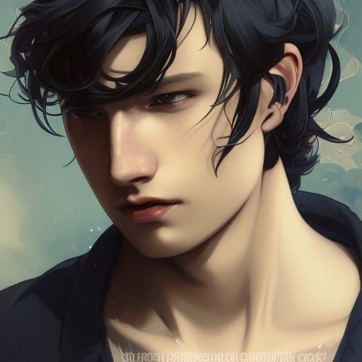 Handsome Anime Boy Portrait with Wavy Hair