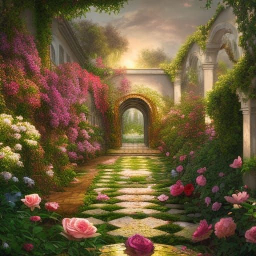 Walled Rose Garden with Pergola in Photorealistic Style