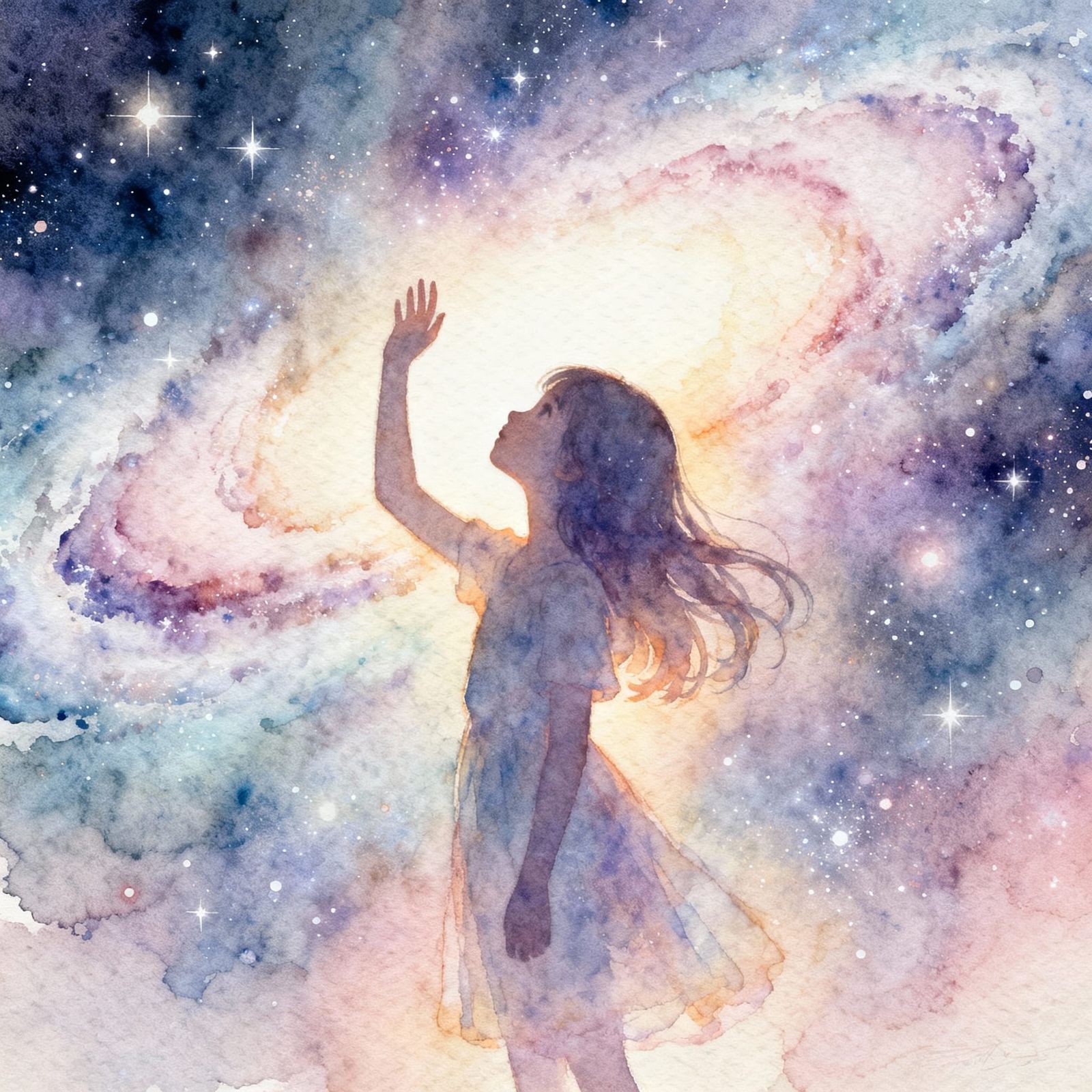 Ethereal Girl Reaches Celestial Dreamscape in Watercolor